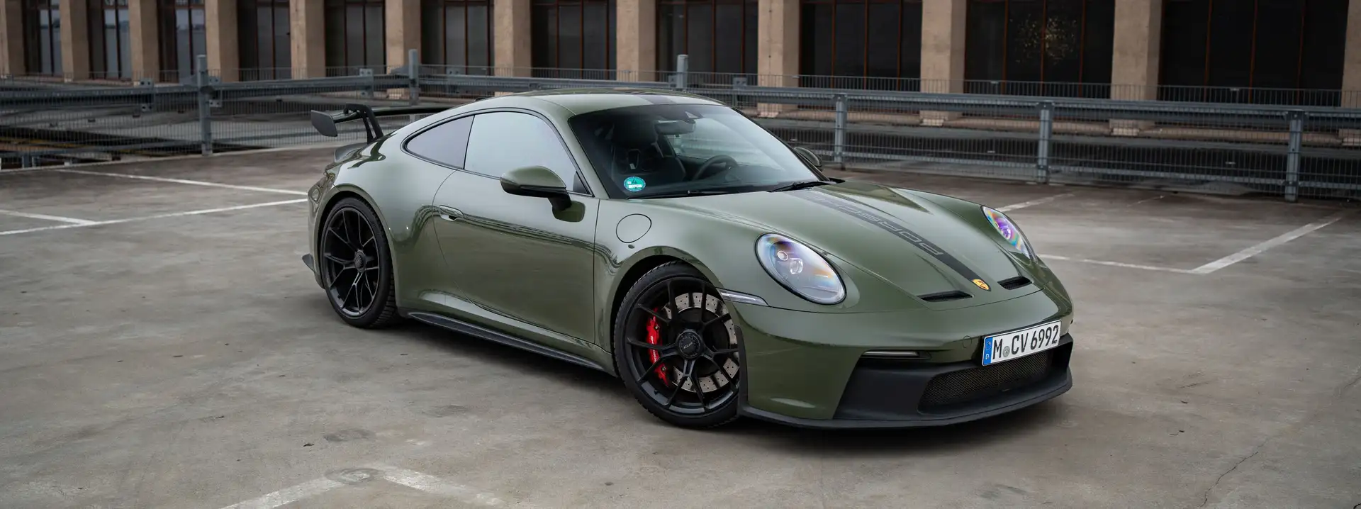 Front view of our Porsche 992 GT3 in Nato Olive.
